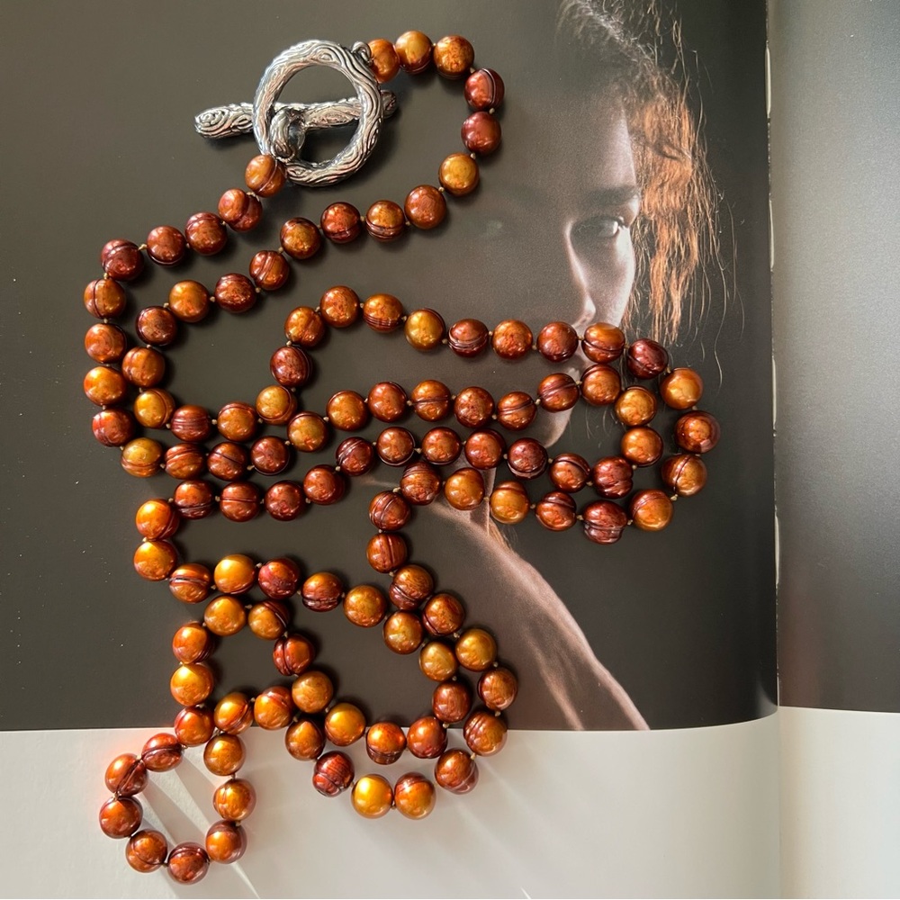 SIMON SEBBAG • Copper Fresh Water Pearl Etched Sterling Silver Toggle Necklace